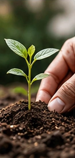 A hand pressing soil around a young green seedling.